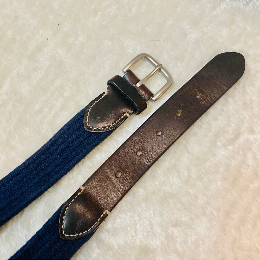 J. Crew Woven Elastic Belt in Navy with Brown 100% Leather Tabs - Picture 3 of 5